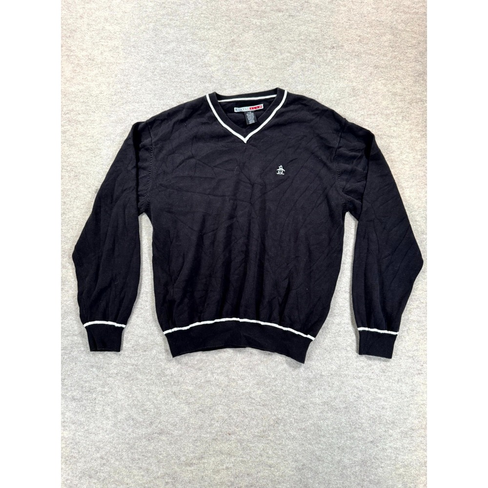Grand Slam Mens Large Black V Neck Long Sleeve Cotton Knit Pullover Sweater